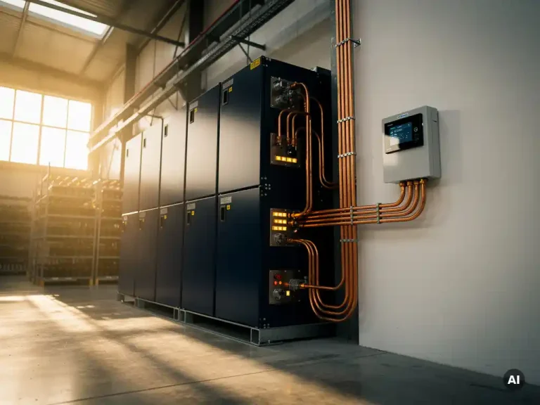 Industrieel batterijopslagsysteem gekoppeld aan slimme energiemeter in Nederlands magazijn, dikke koperen kabels, goudkleurig middaglicht.