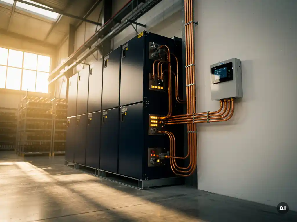 Industrieel batterijopslagsysteem gekoppeld aan slimme energiemeter in Nederlands magazijn, dikke koperen kabels, goudkleurig middaglicht.