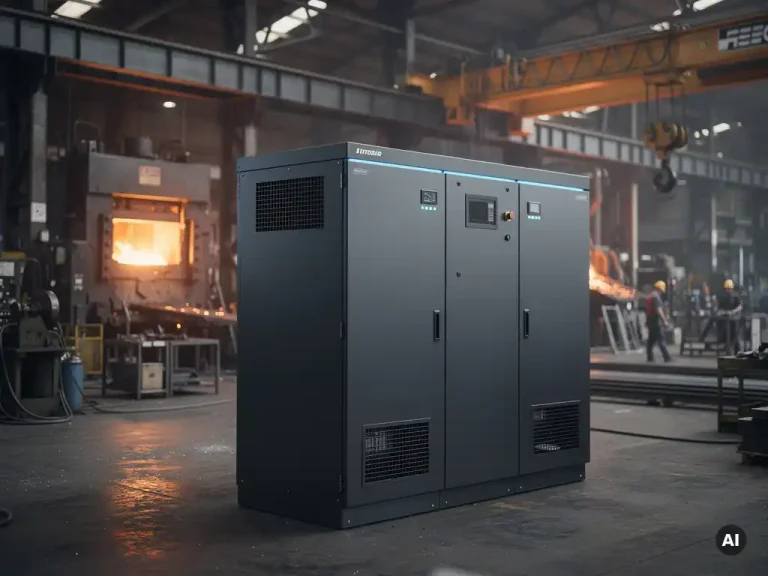 Industriële batterijopslag in een metaalfabriek, omgeven door stalen balken en machines met gloeiend metaal op de achtergrond.