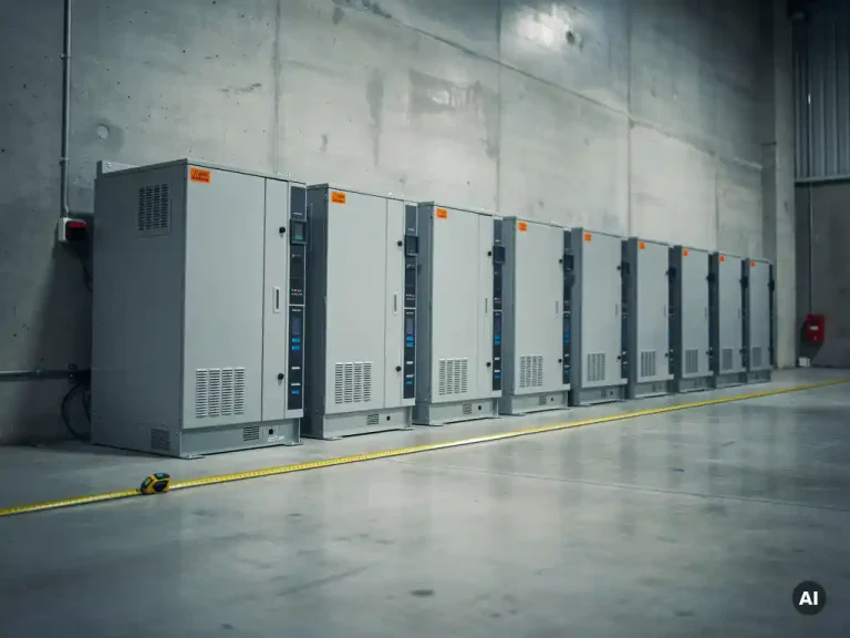 Industriële batterijopslagsystemen in stalen kasten tegen betonnen muur, gele meetlint op de vloer, blauwe en grijze kleurtonen.