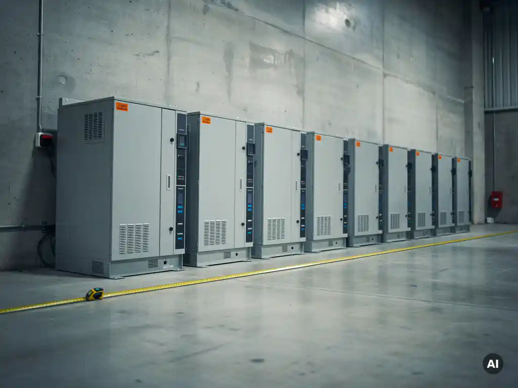 Industriële batterijopslagsystemen in stalen kasten tegen betonnen muur, gele meetlint op de vloer, blauwe en grijze kleurtonen.