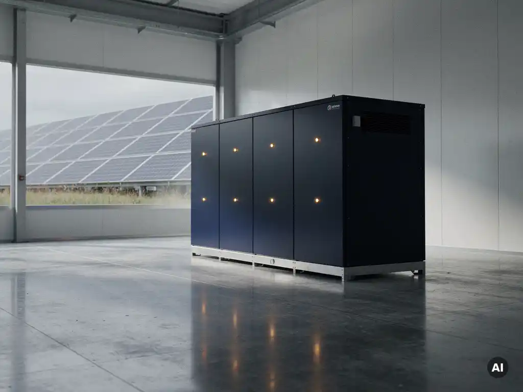 Industrieel batterijopslagsysteem in magazijn met gloeiende indicatielampjes, zonnepanelen zichtbaar door achtergrondvenster.