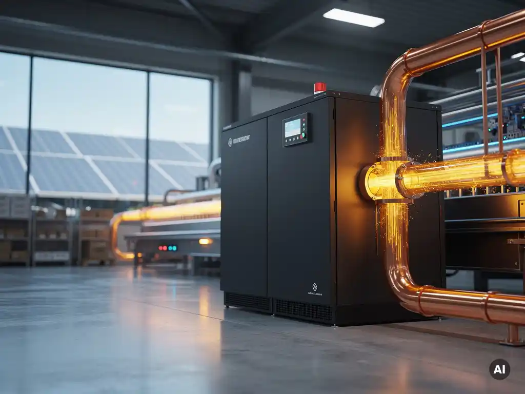 Industriële batterijopslag naast productiemachines in fabriek, met zonnepanelen zichtbaar door raam op de achtergrond.