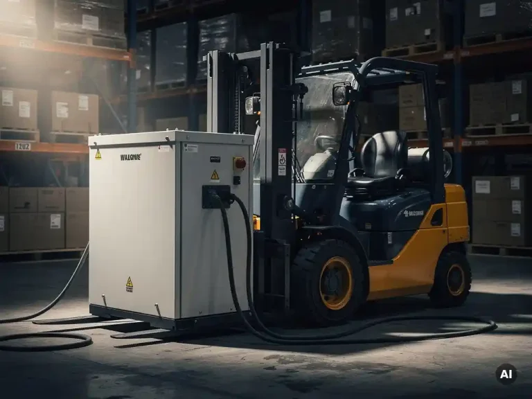 Industriële batterijopslag verbonden via dikke stroomkabels aan een heftruck in bedrijf in een druk magazijn.