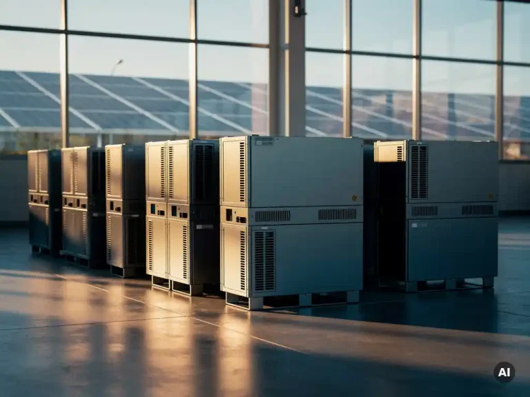 Stapelbare industriële batterijopslagmodules op betonnen magazijnvloer met zonnepanelen zichtbaar door grote fabrieksramen.