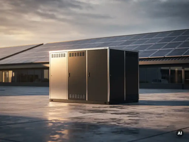 Industrieel batterijopslagsysteem op bedrijfsterrein met zonnepanelen op dak, fotografeerd in warm middaglicht.